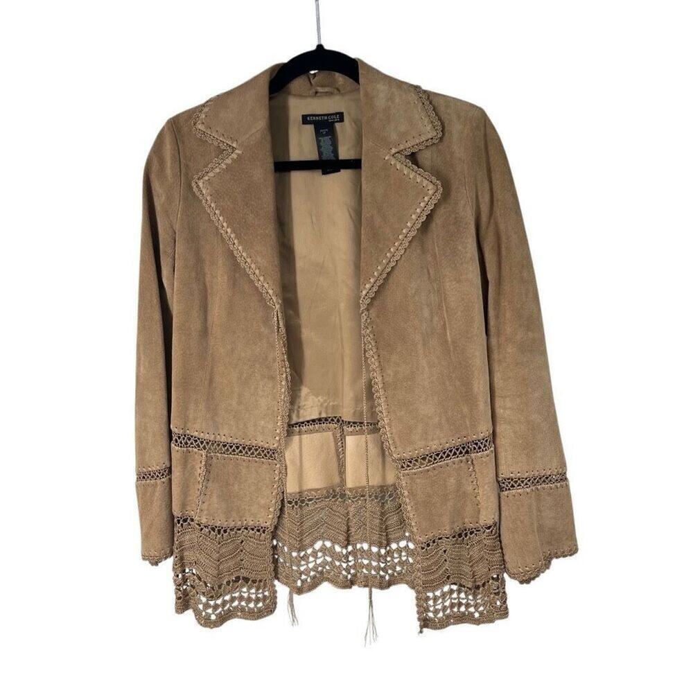 Kenneth Cole Leather Tan Suede‎ Crochet Trim Boho Hippie Jacket 6P Women’s